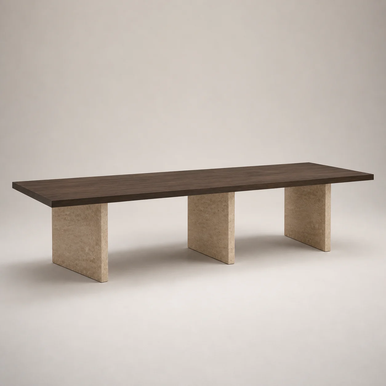 Safra Communal Table studio concept visual in smoked oak, warm limestone