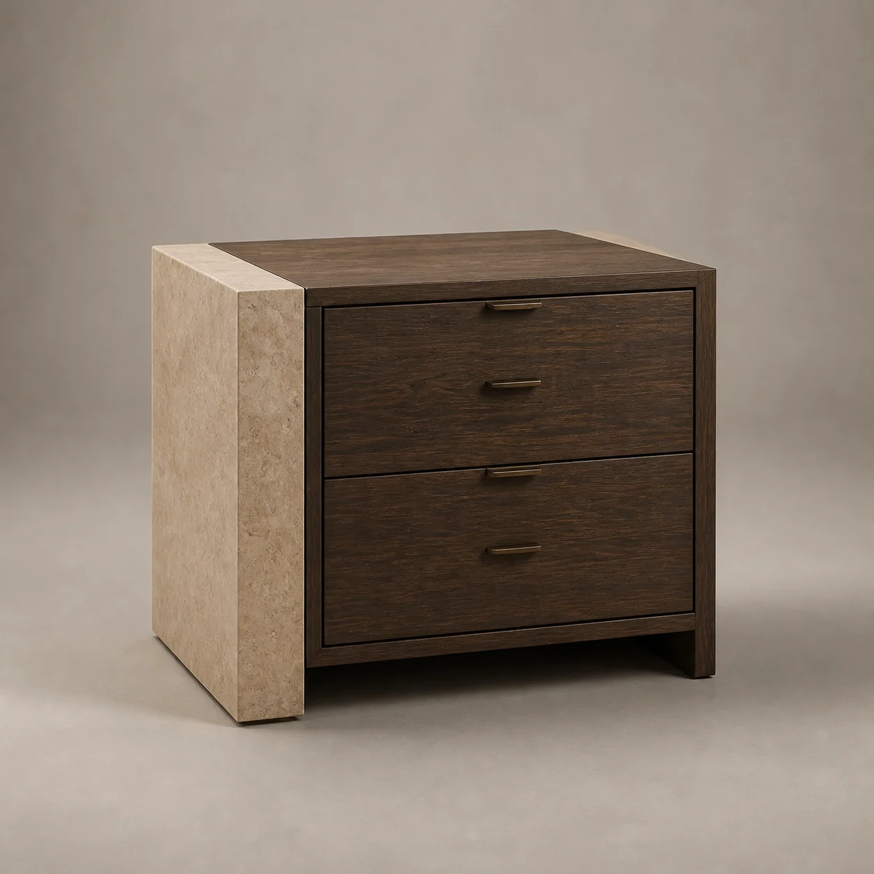 Sahn Stone Nightstand studio concept visual in warm limestone, smoked oak, aged bronze