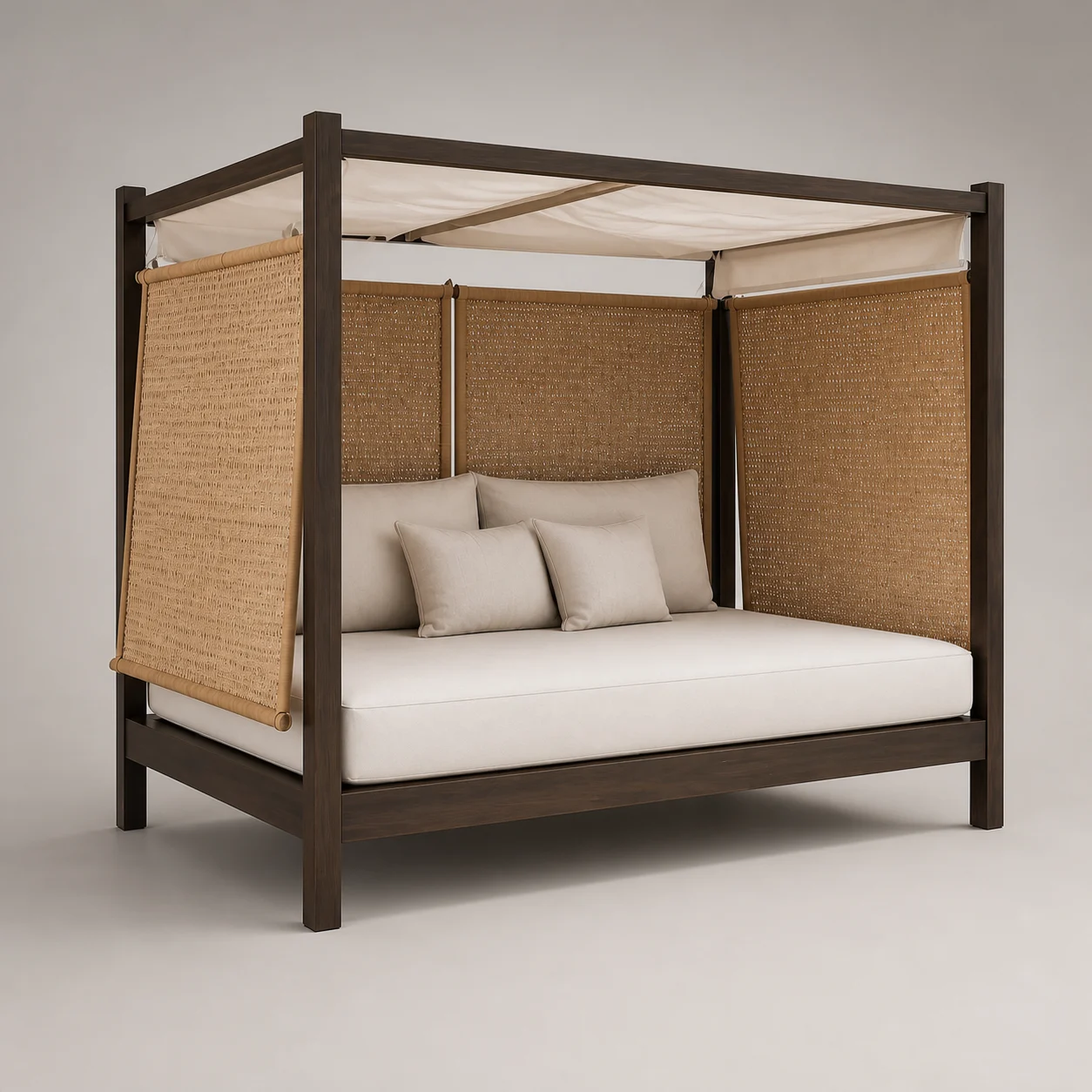 Salsabil Courtyard Daybed studio concept visual in dark timber, sand weave, ivory outdoor textile