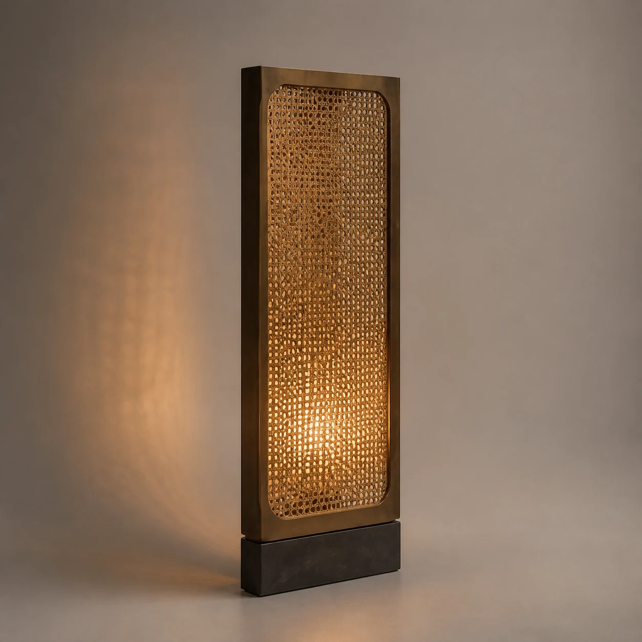 Siraj Screen Floor Lamp studio concept visual in aged bronze, warm opal, dark stone