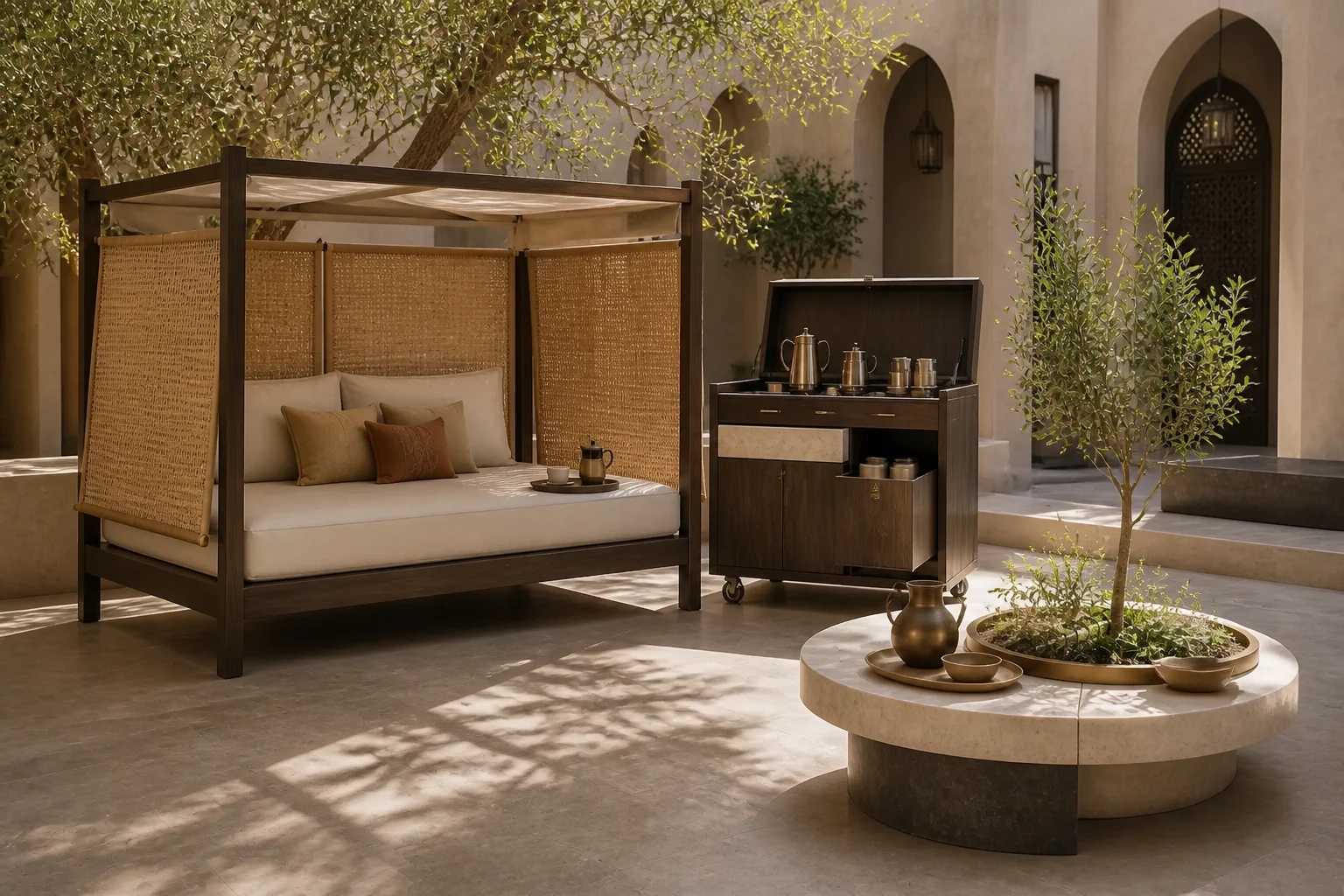 Luxury hotel coffee courtyard with shaded daybed, service cabinet and integrated planter table