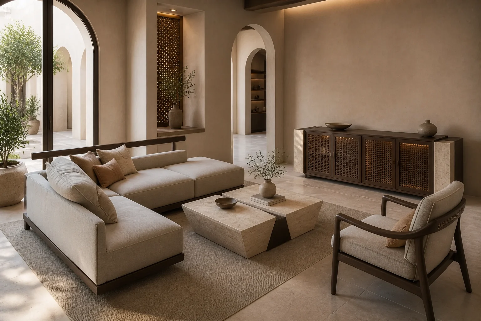 Arabian craft hotel suite with modular sofa, inlaid lounge chair and screened oak cabinet