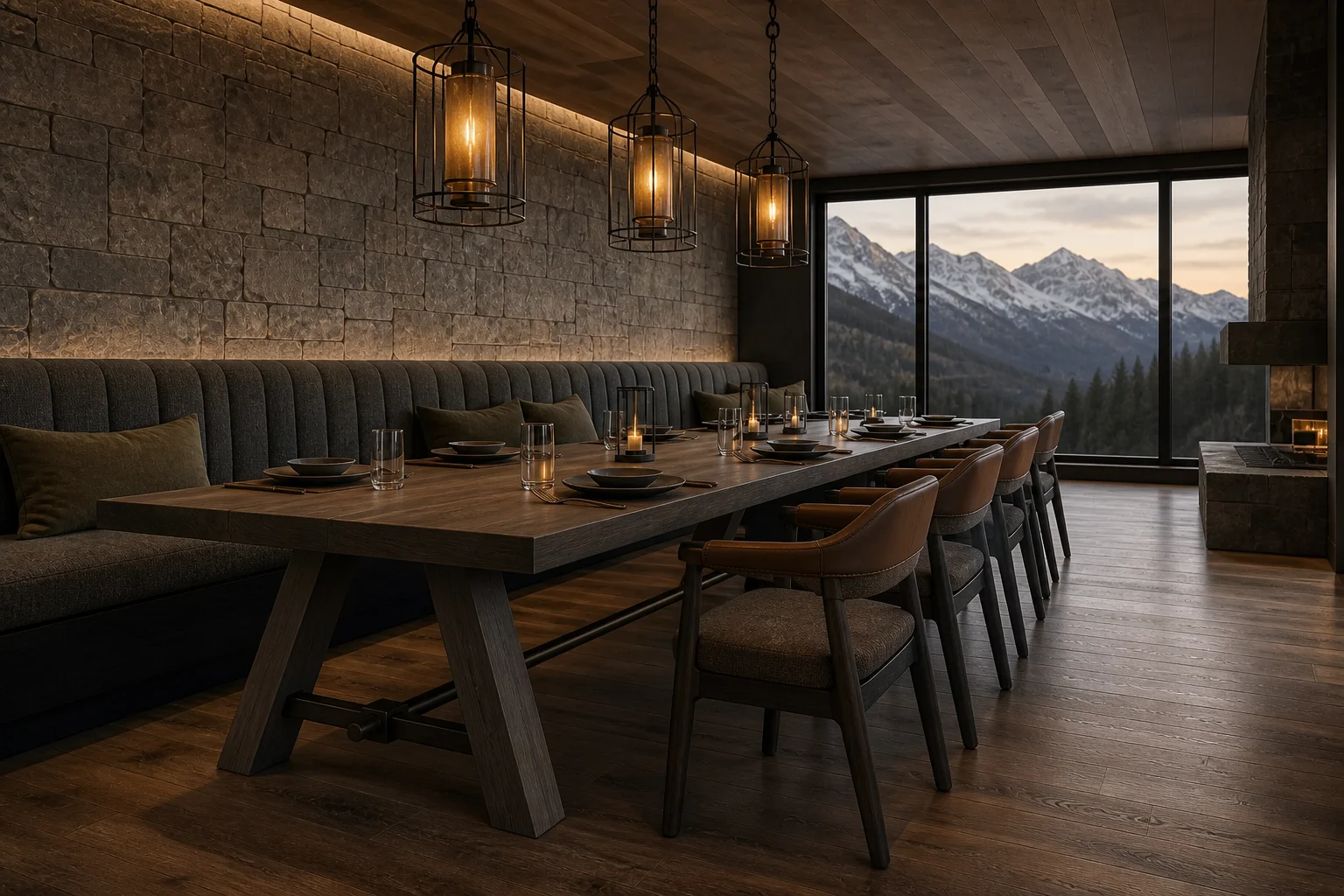 Mountain hotel dining hall with long timber table, leather chairs and forged iron pendants