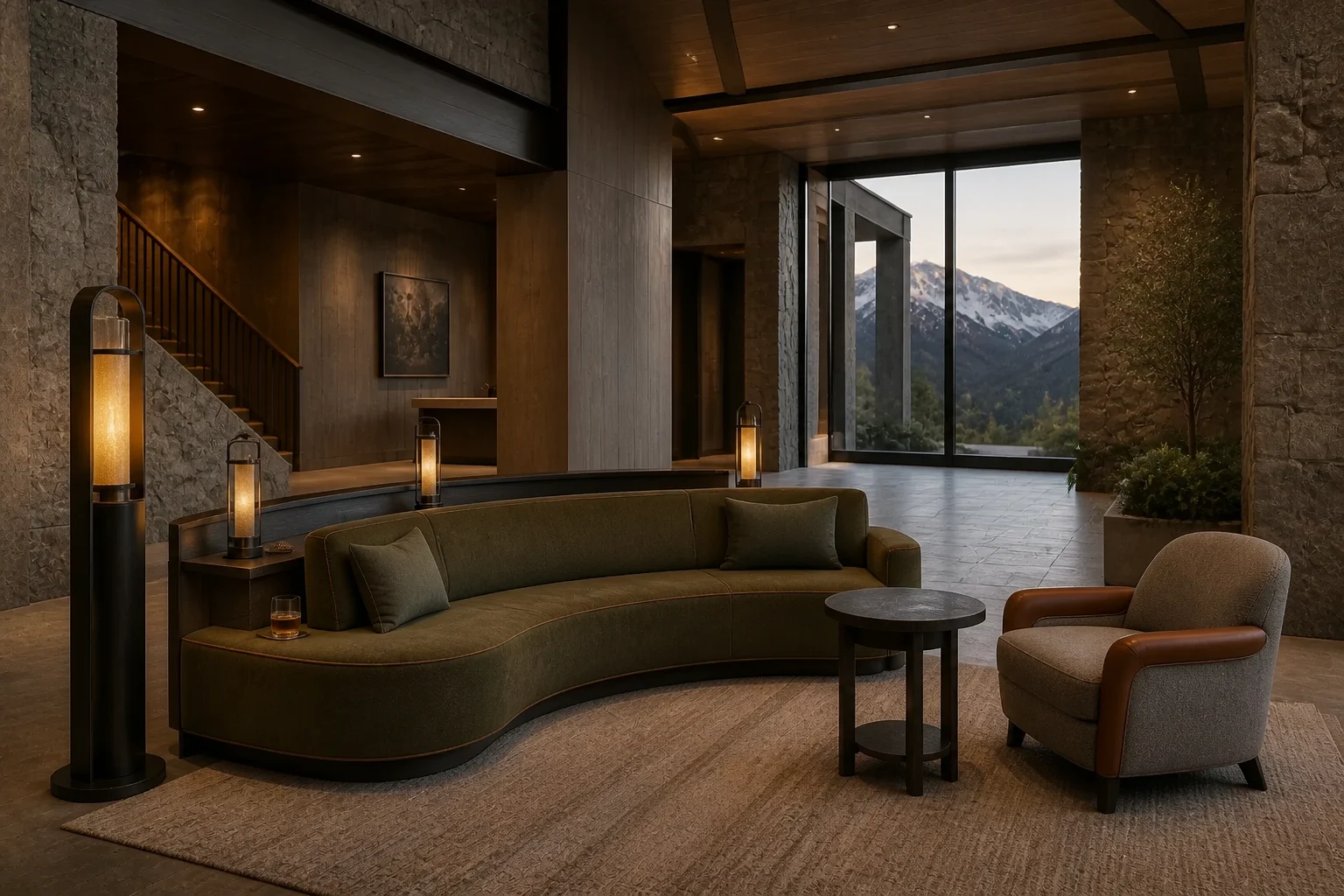 Contemporary lodge lobby with curved sofa, wool club chairs, stone tables and tall floor lights