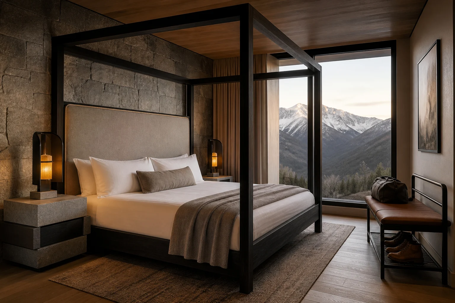 Mountain lodge hotel guest room with timber frame bed, stone nightstand and wool upholstery