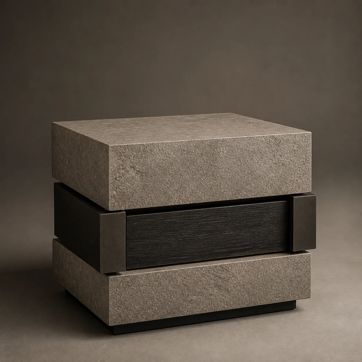 Cairn Stone Nightstand studio concept visual in warm grey stone, charred timber, blackened iron
