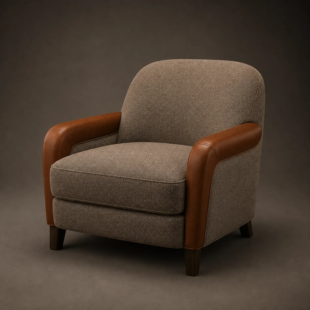 Croft Wool Club Chair studio concept visual in warm grey wool, saddle leather arms