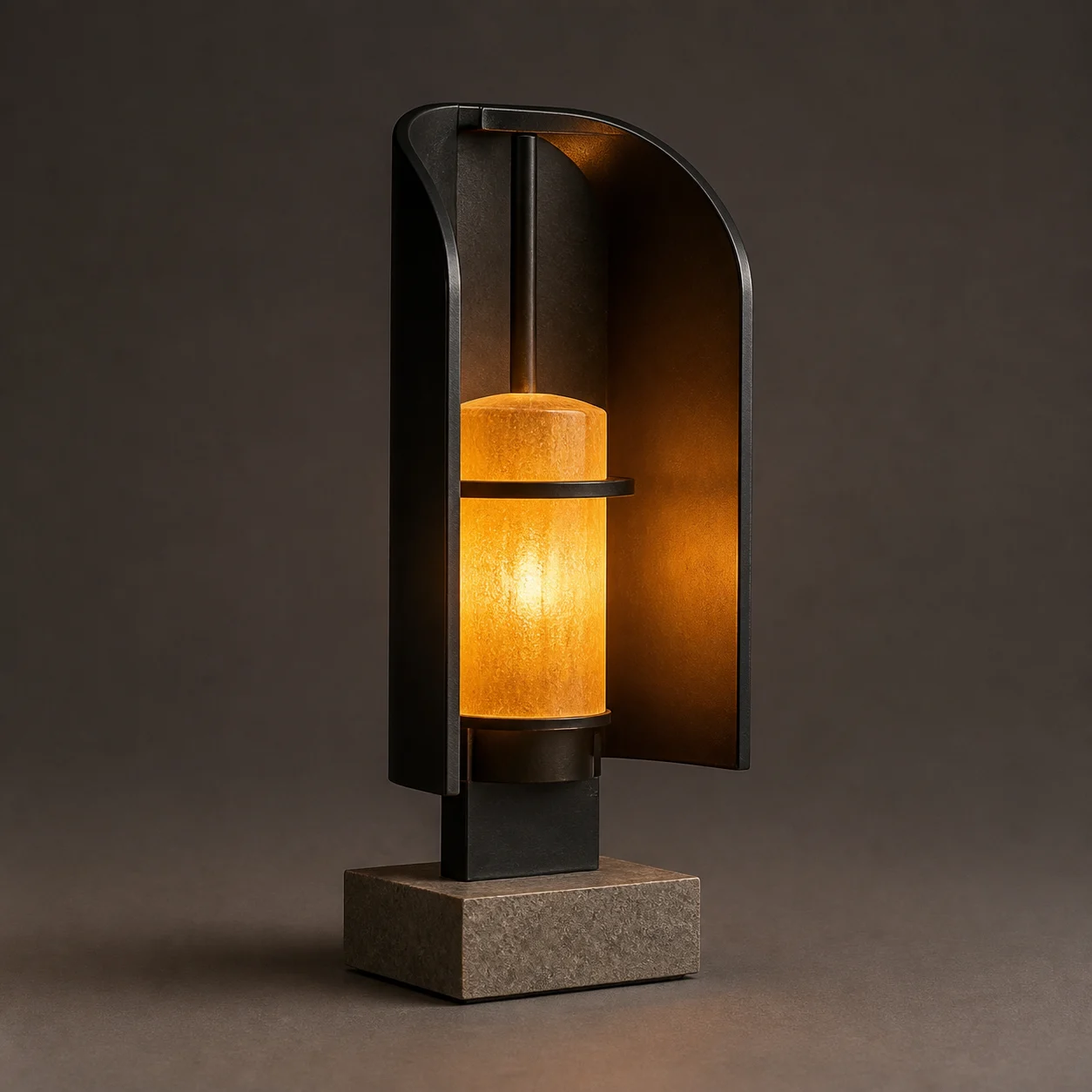 Ember Shield Table Lamp studio concept visual in blackened iron, amber glass, rugged stone
