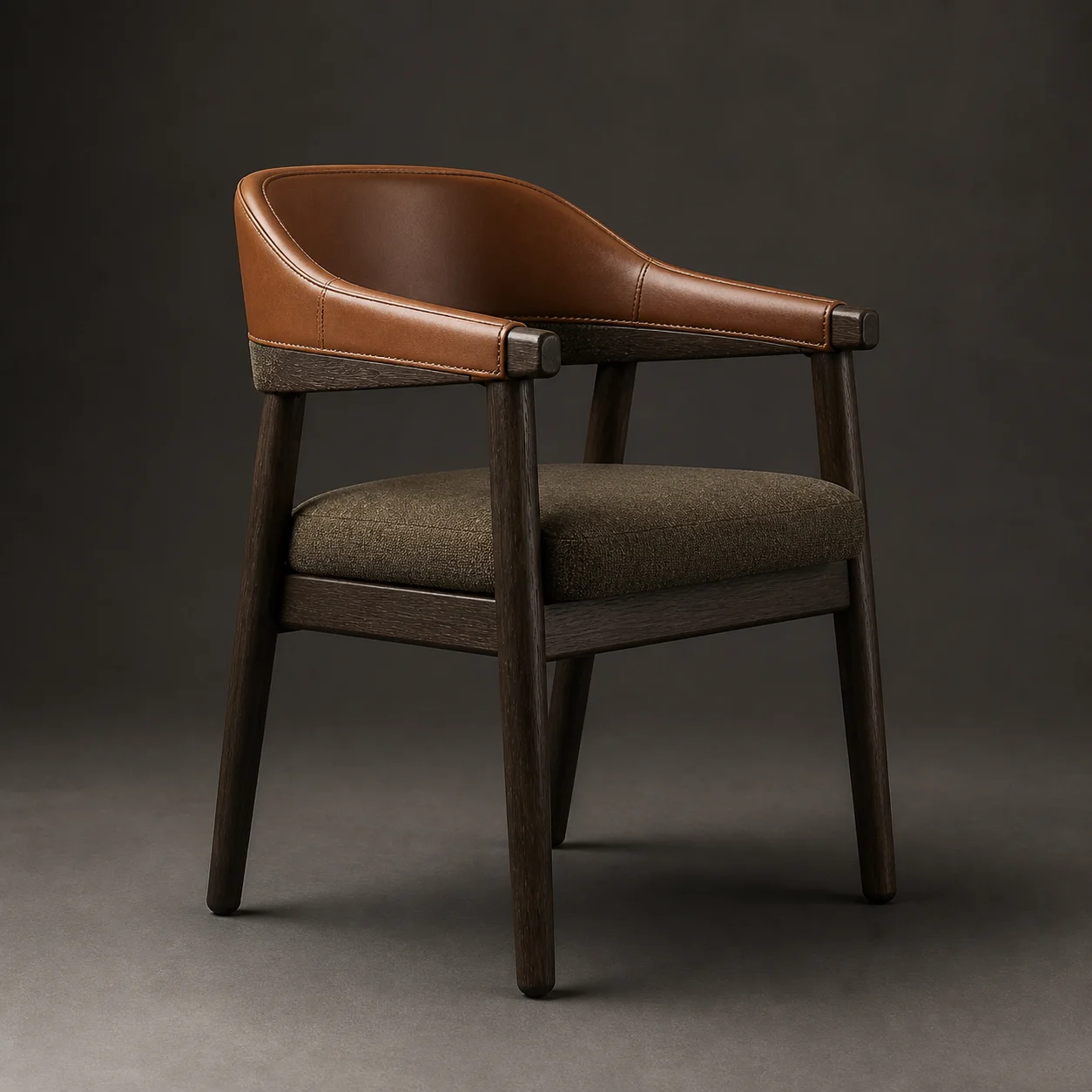 Fell Dining Armchair studio concept visual in dark timber, saddle leather, moss wool