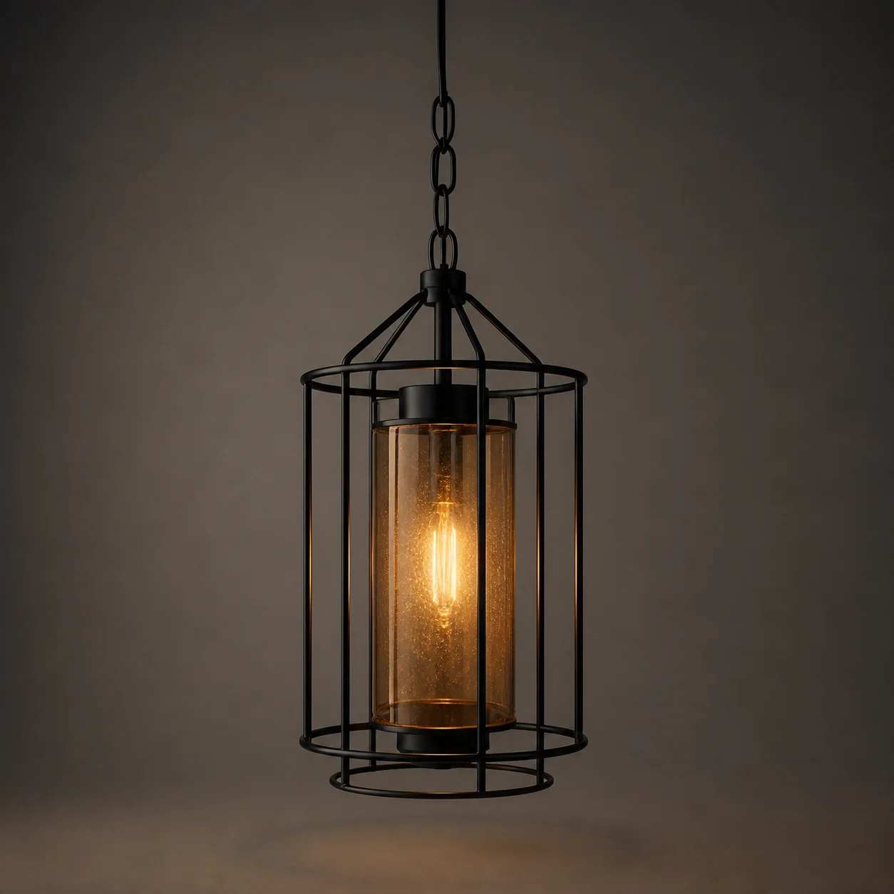 Forge Cage Pendant studio concept visual in blackened iron, amber glass