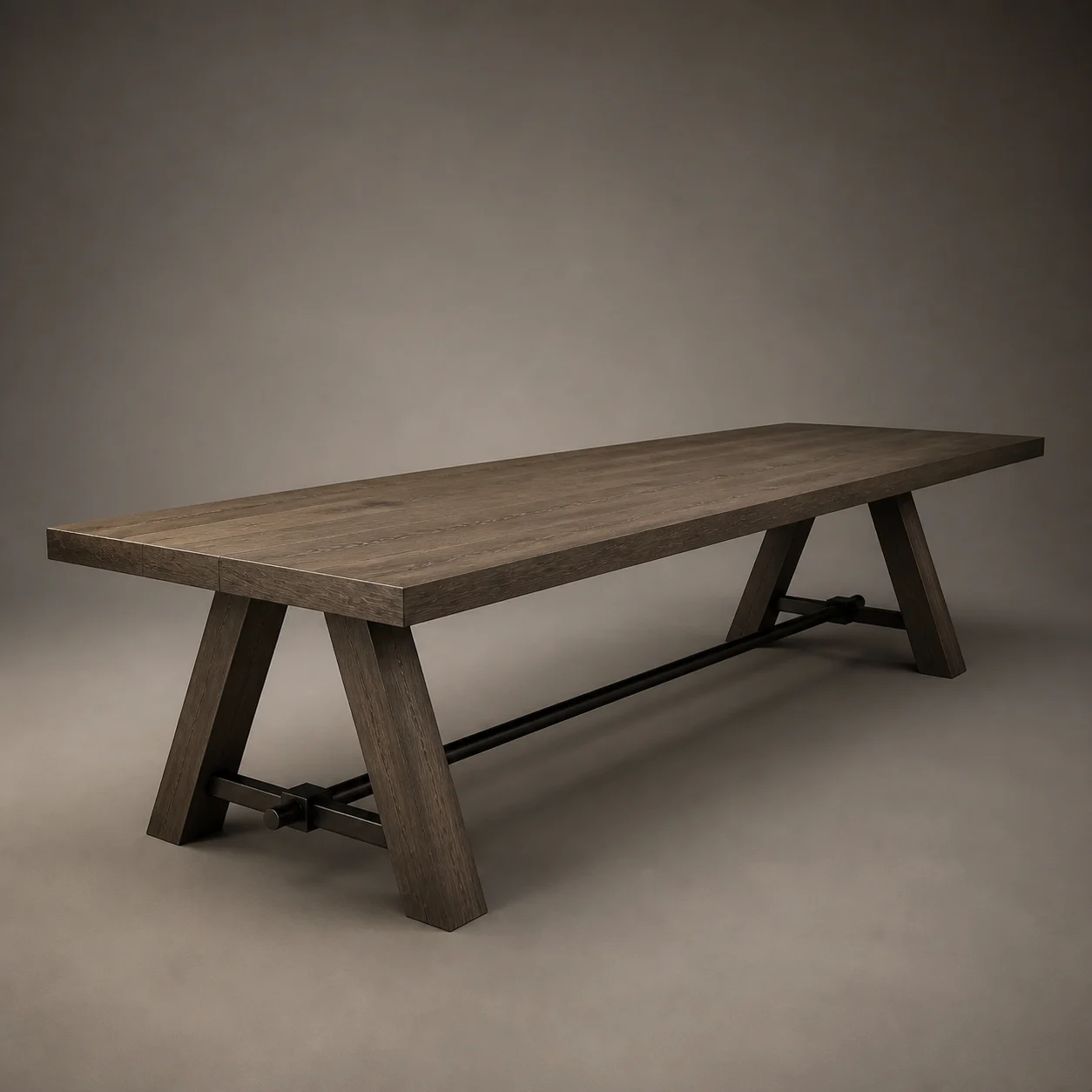 Gathering Trestle Table studio concept visual in smoked natural timber, blackened-iron stretcher