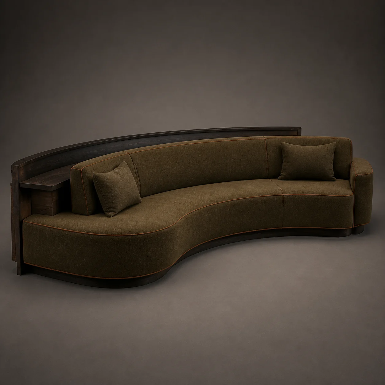 Lodge Arc Sofa studio concept visual in deep moss wool, charred-timber ledge, saddle piping