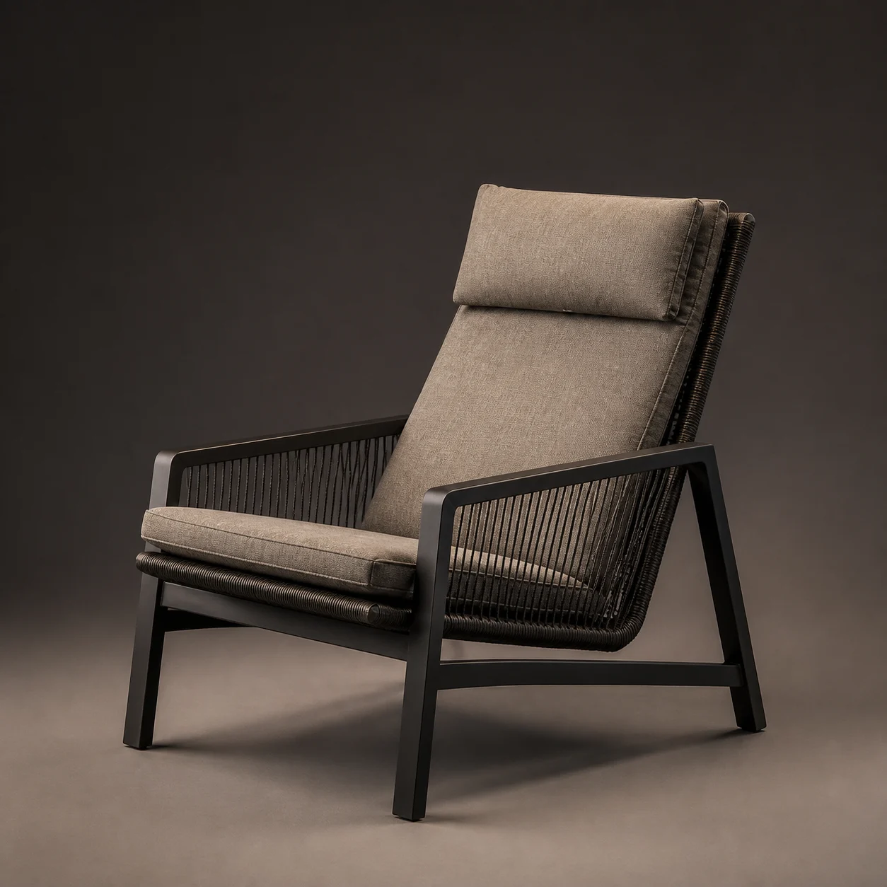 Lookout Reclining Chair studio concept visual in charcoal frame, dark rope, warm-grey outdoor textile