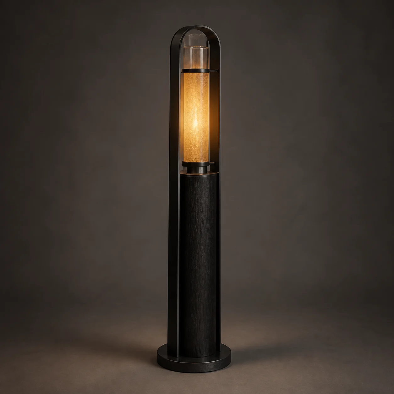 Pine Torch Floor Lamp studio concept visual in charred timber, blackened iron, amber glass