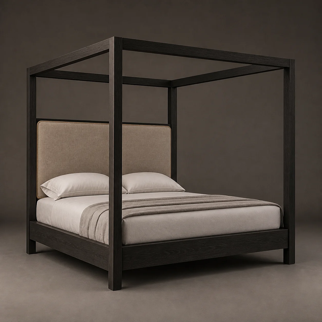 Ridge Frame Bed studio concept visual in charred timber, oatmeal wool, saddle piping