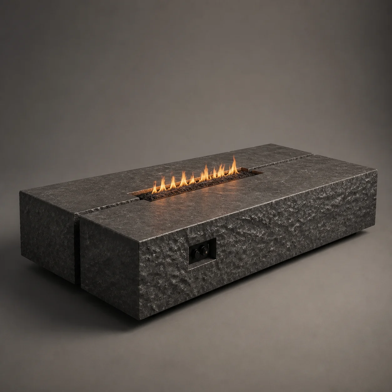 Ridgefire Table studio concept visual in rugged charcoal stone, blackened controls