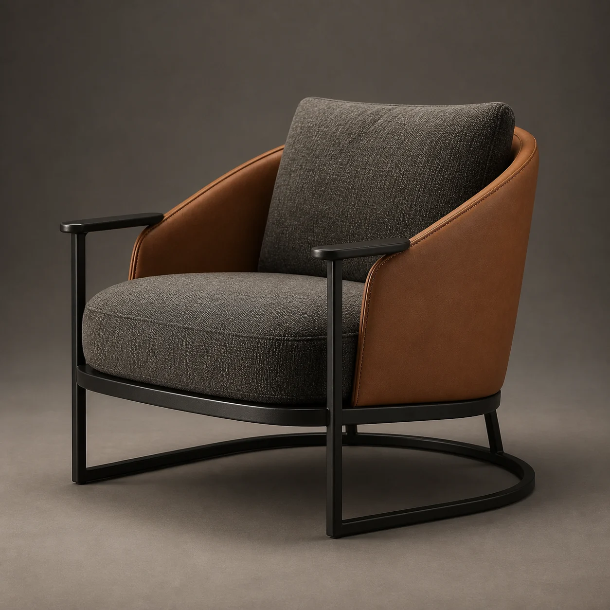 Saddle Wrap Lounge Chair studio concept visual in saddle leather, charcoal wool, blackened iron