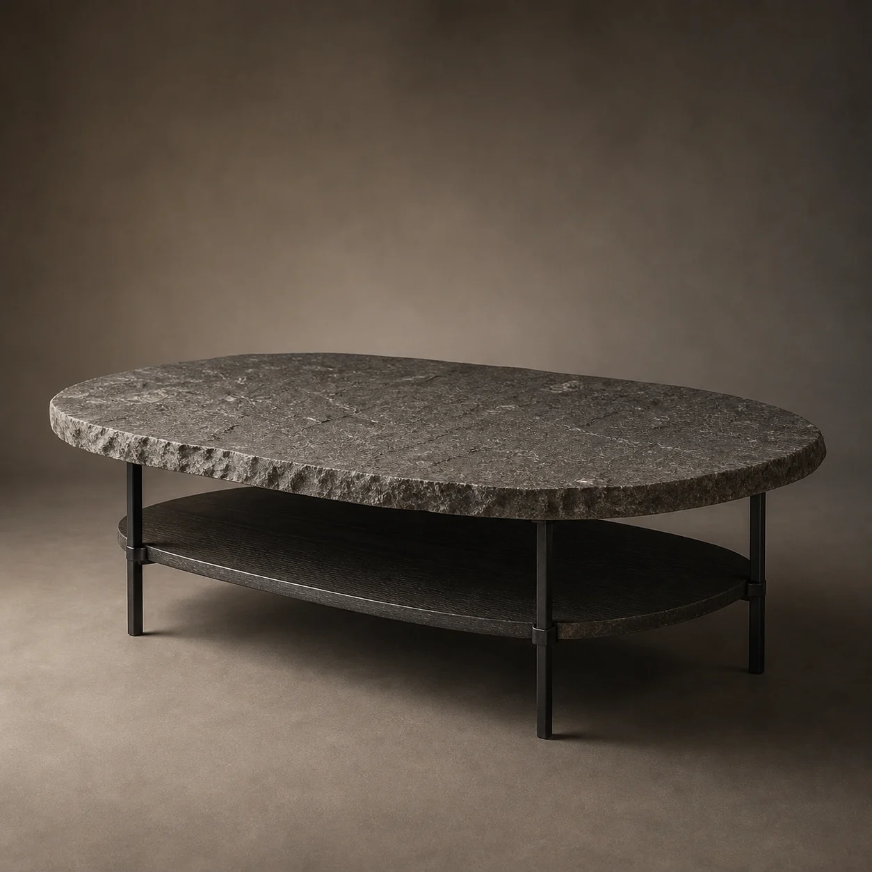Scree Slab Coffee Table studio concept visual in rugged grey stone, blackened iron, charred timber