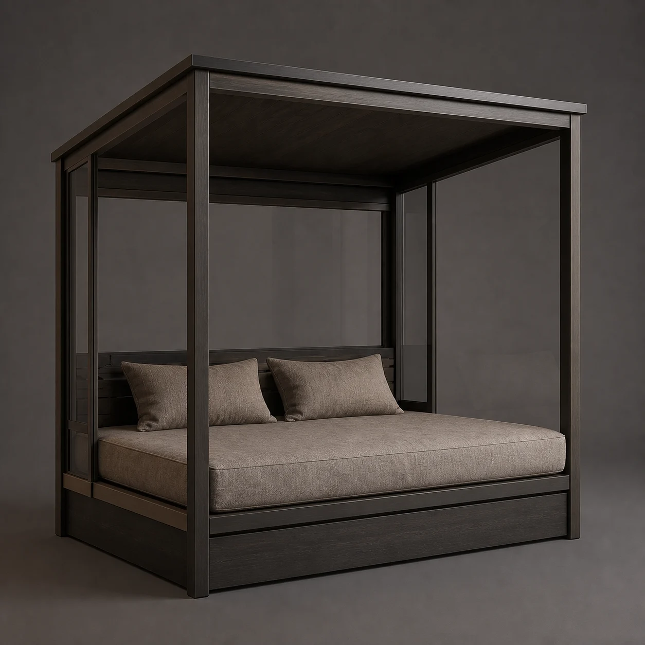 Summit Terrace Daybed studio concept visual in dark timber, charcoal metal, stone-grey outdoor textile