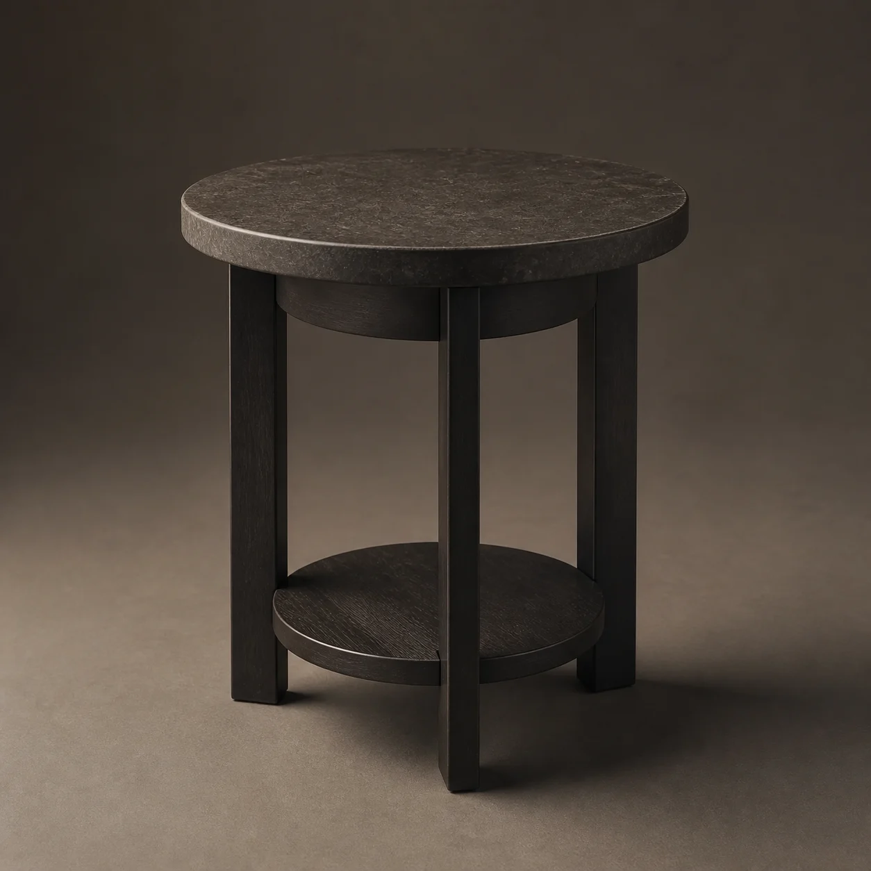Tarn Stone Side Table studio concept visual in charcoal stone, blackened iron, charred timber