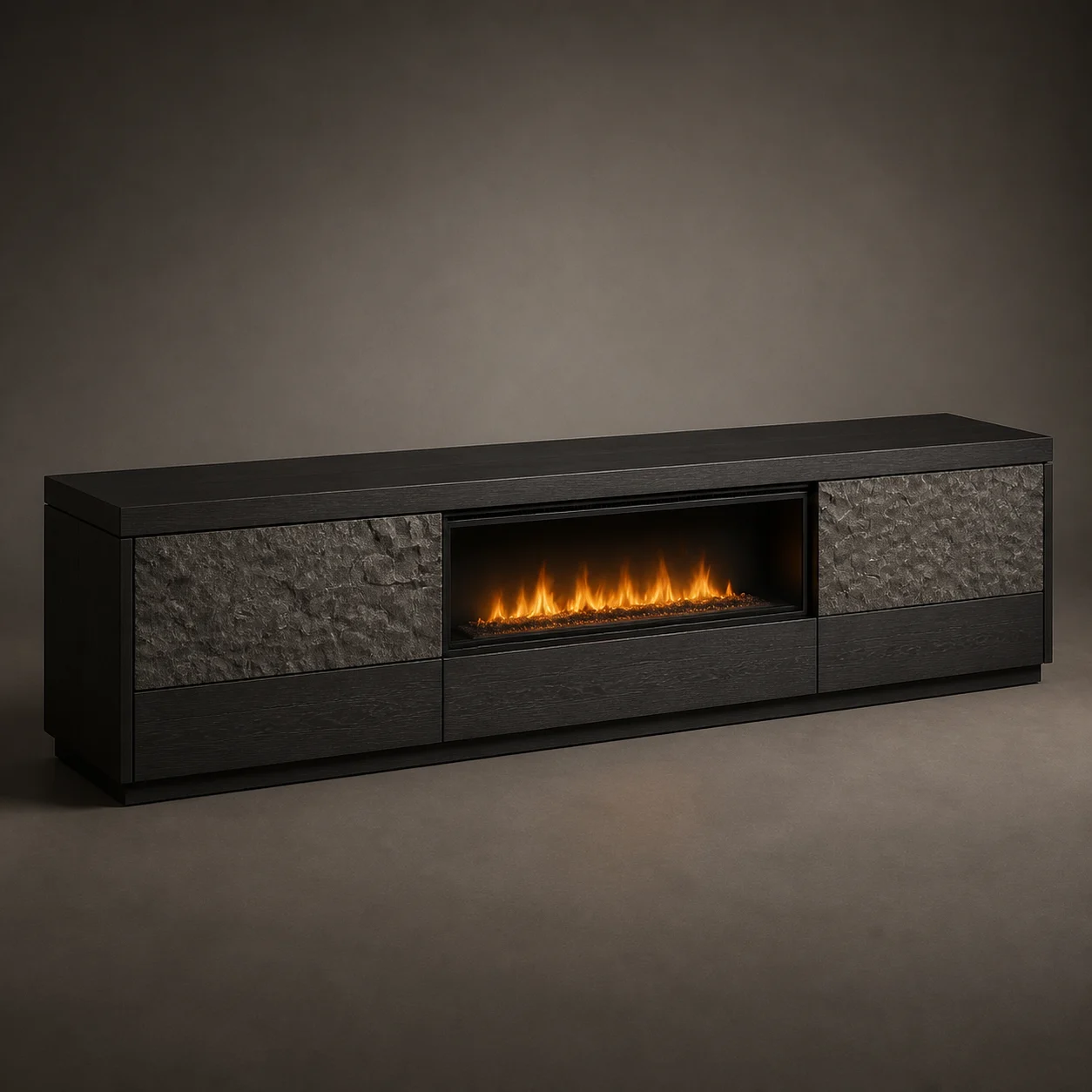 Timberline Fireplace Console studio concept visual in charred timber, rugged stone, blackened iron