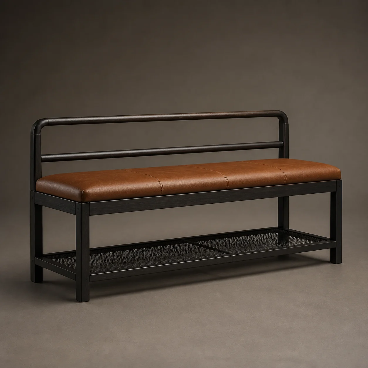 Trail Boot Valet Bench studio concept visual in charred timber, saddle leather, blackened iron