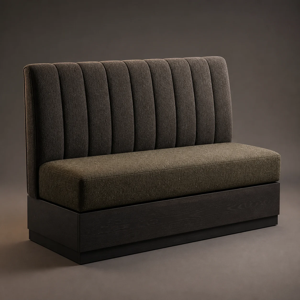 Woolfold Banquette studio concept visual in layered charcoal and moss wool, charred plinth