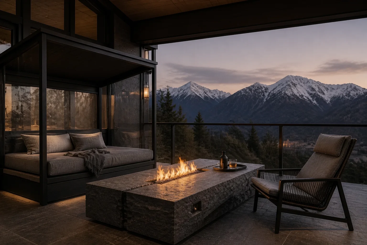 Mountain lodge terrace with sheltered daybed, stone fire table and reclining outdoor chair
