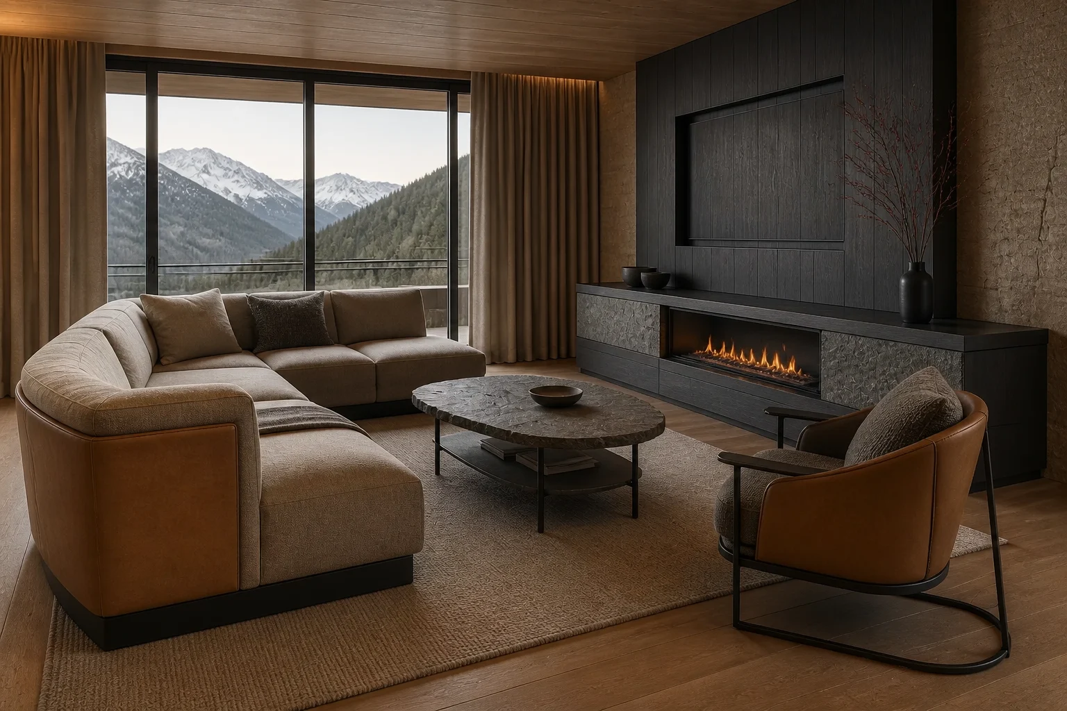 Modern mountain hotel suite with modular sofa, saddle leather chair and fireplace media console