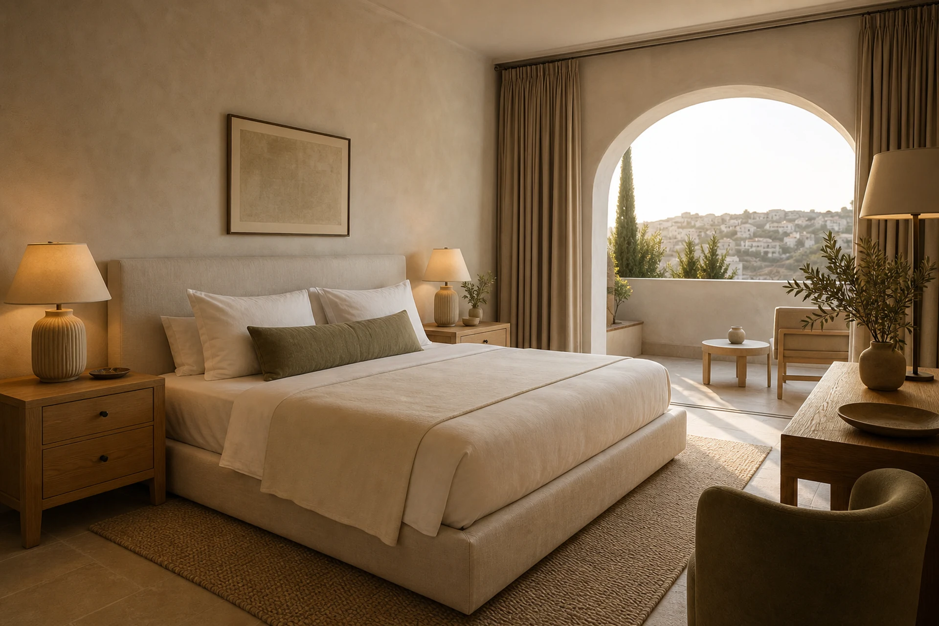 Mediterranean hotel guest room with an upholstered bed and arched terrace