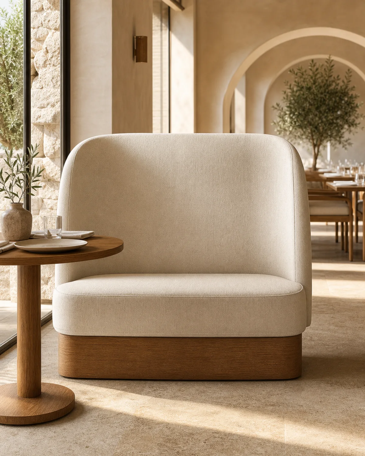 Tobacco nubuck leather modular hotel restaurant banquette with button-tufted back — Mediterranean hotel lookbook