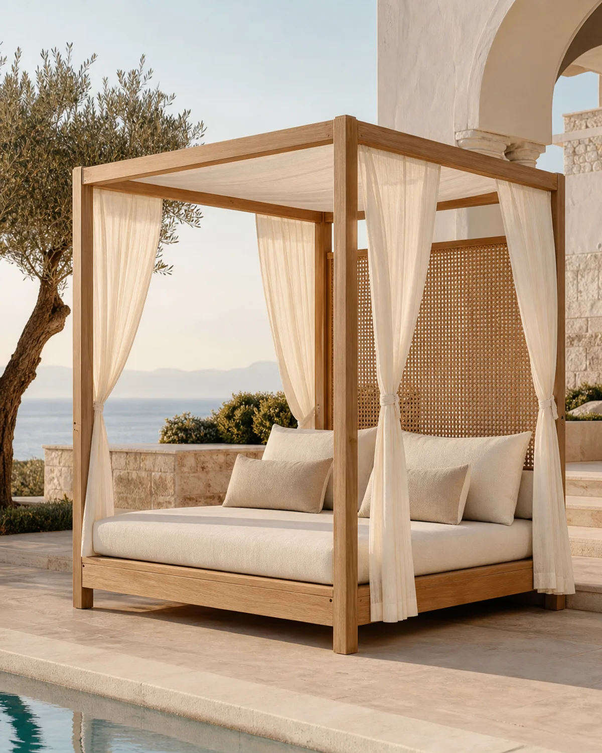Teak resort cabana daybed with off-white Sunbrella canopy, woven cane privacy screens, and panna deep cushion — Mediterranean hotel lookbook