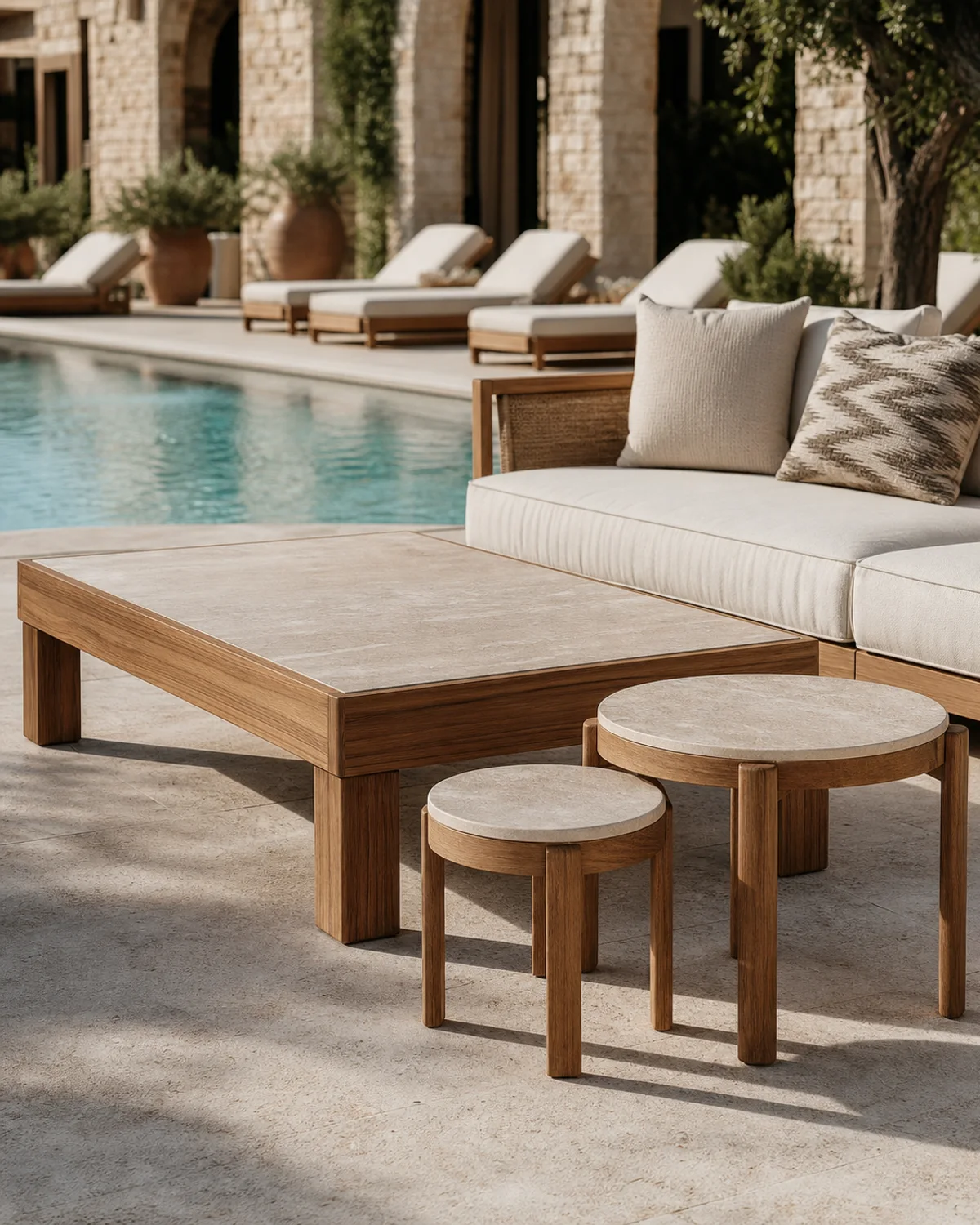 Solid teak outdoor coffee table with travertine top and X-strut base, paired with two round teak side tables with stone tops — Mediterranean hotel lookbook