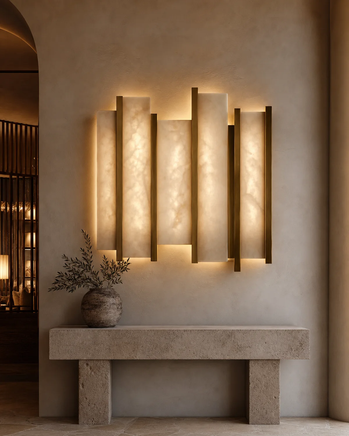 Custom decorative lighting feature integrated into a hotel reception wall — Mediterranean hotel lookbook