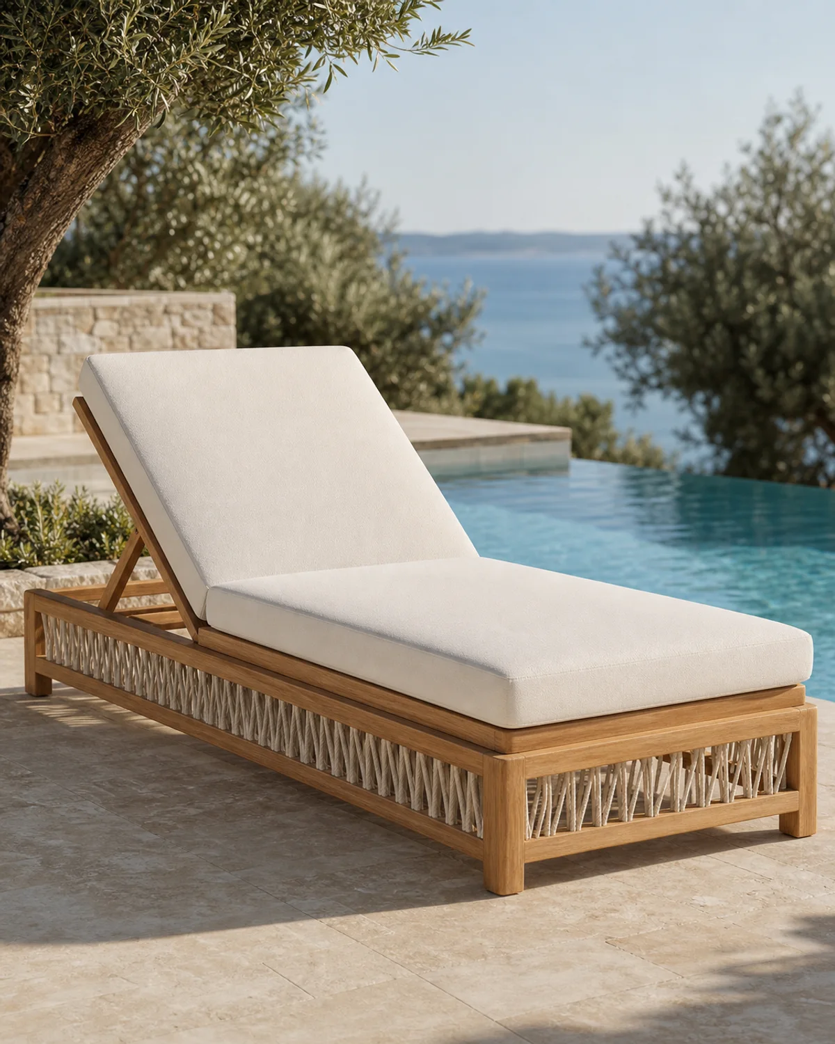 Solid teak hotel pool chaise lounger with adjustable backrest, woven rope side panels, and panna Sunbrella cushion — Mediterranean hotel lookbook