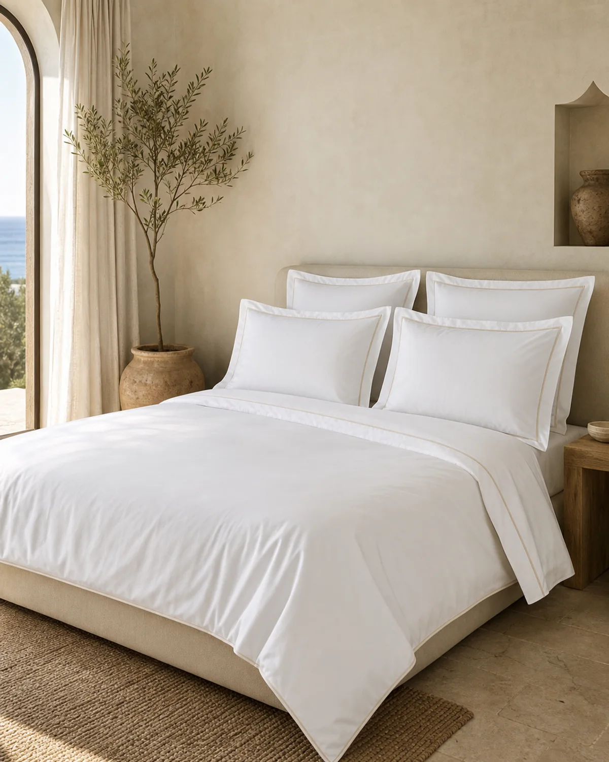 Crisp white king bed sheet set on a luxury hotel bed — Mediterranean hotel lookbook