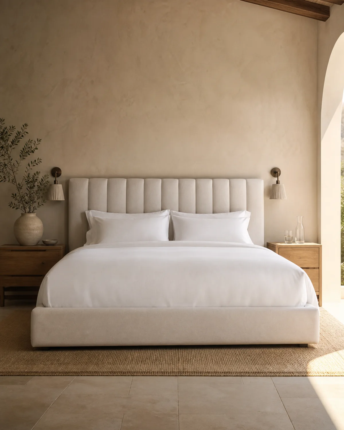 Luxury king size bed with walnut platform frame and upholstered channel headboard — Mediterranean hotel lookbook
