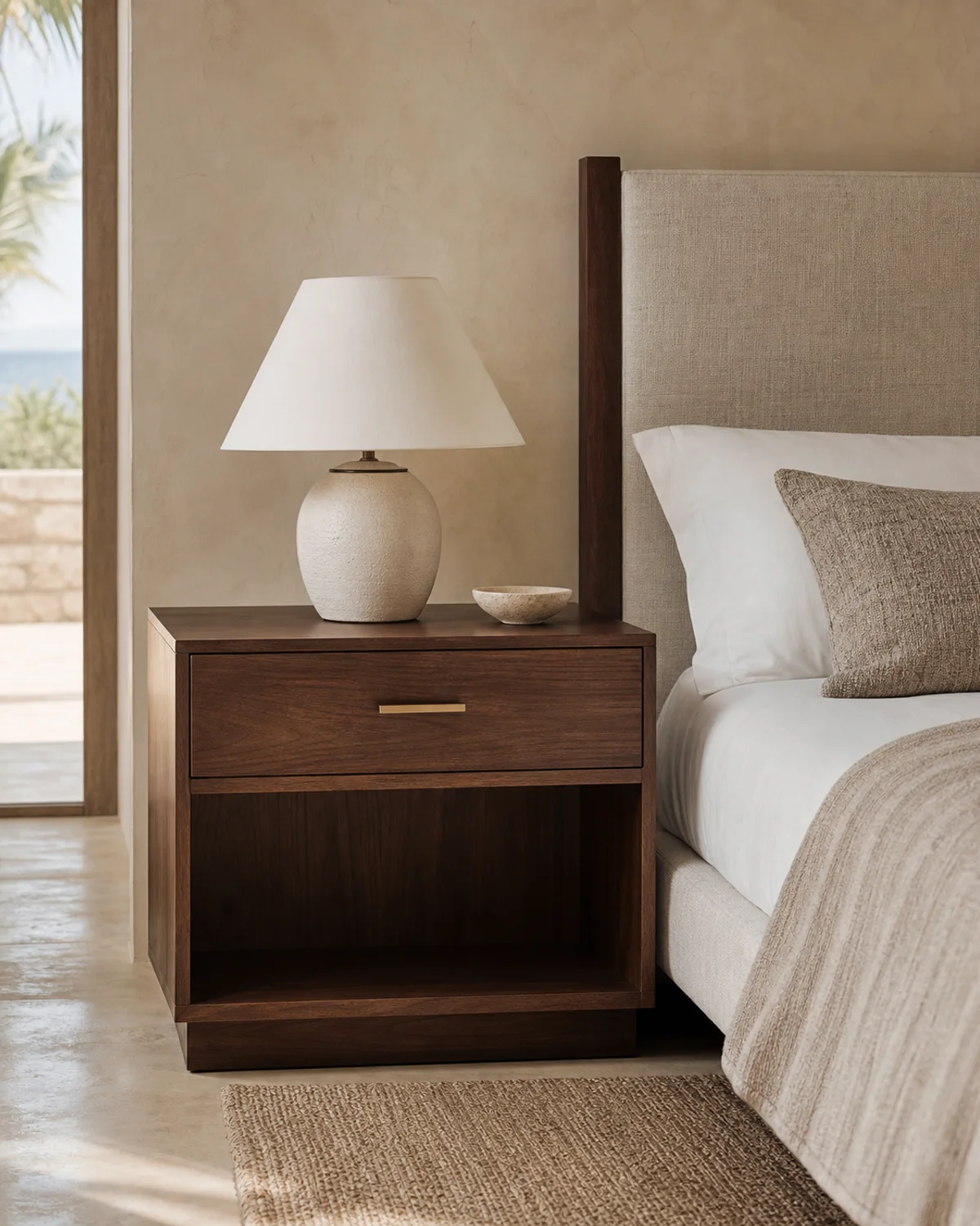 Smoked walnut night stand with drawer, lower shelf, and brass handle — Mediterranean hotel lookbook