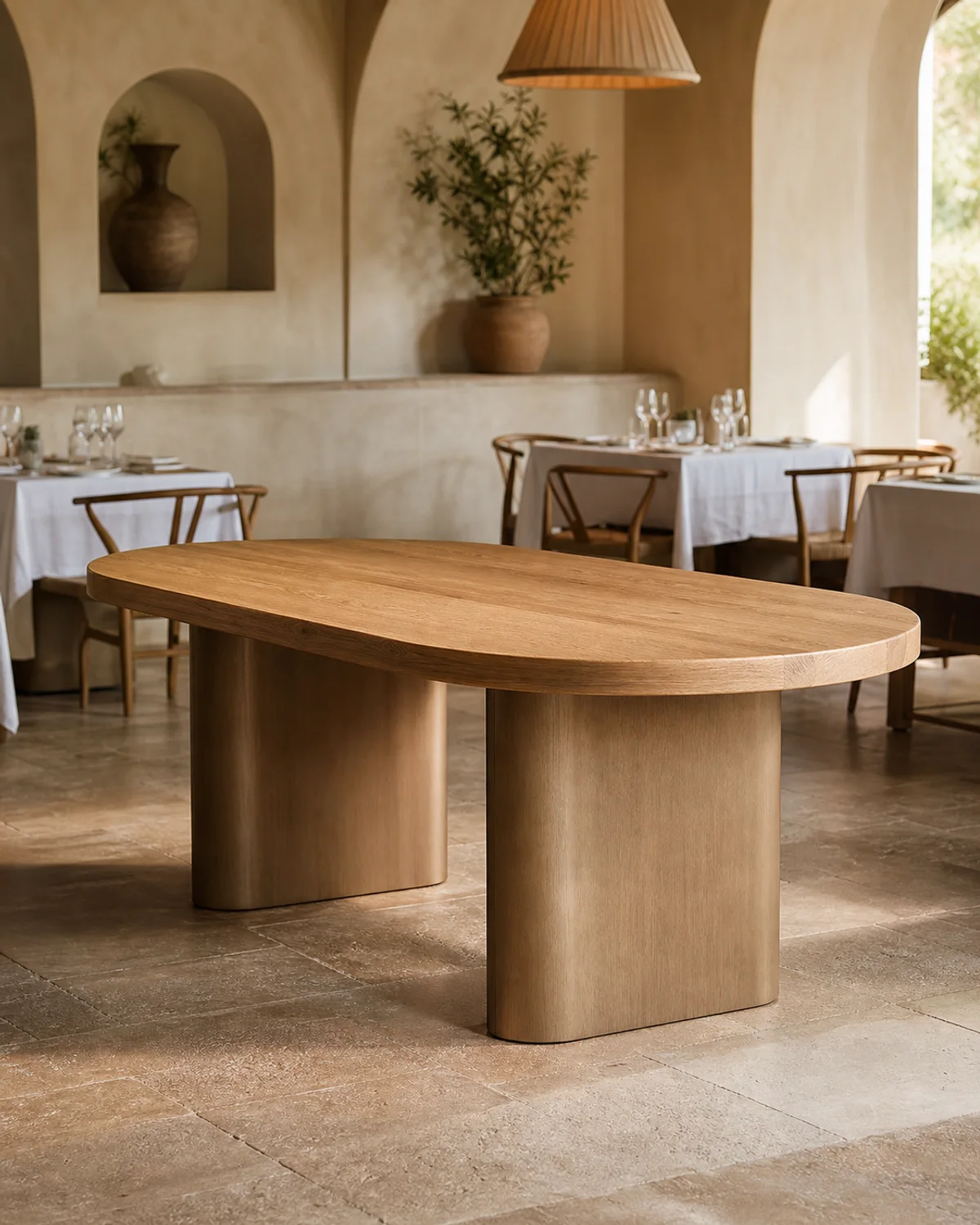 Oval oak dining table with champagne metal pedestal bases — Mediterranean hotel lookbook