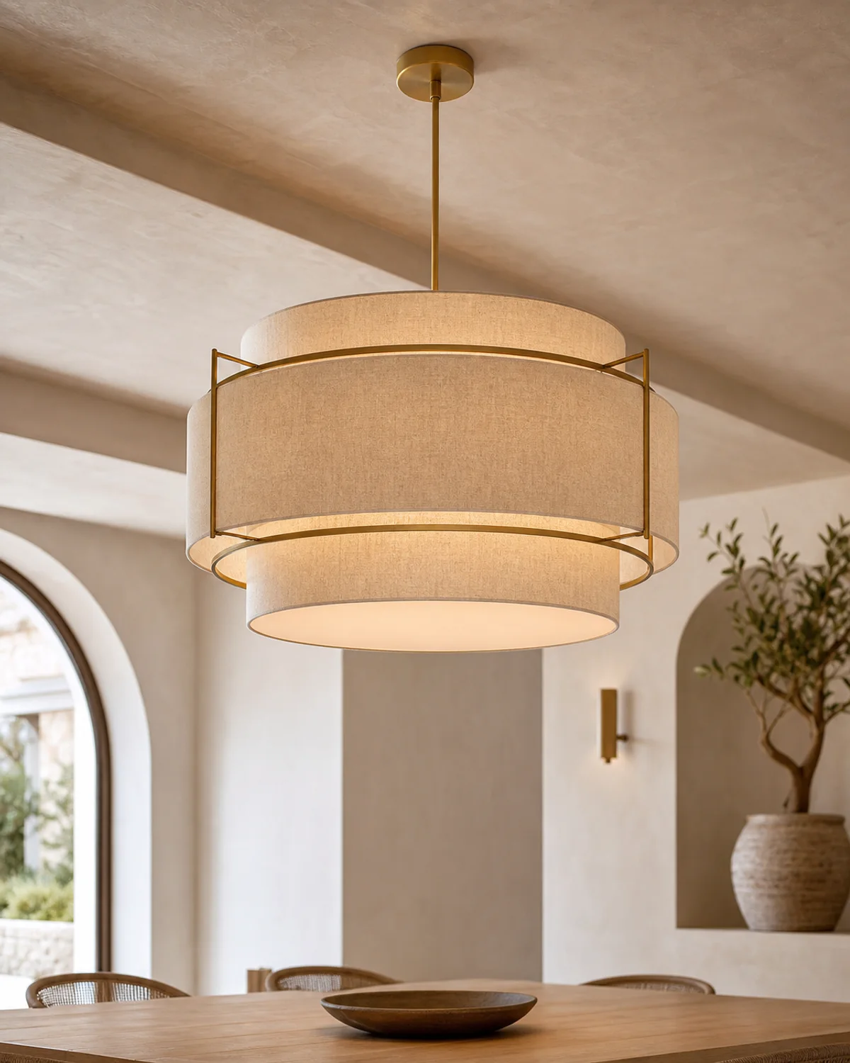 Layered brass pendant light in a luxury hotel interior — Mediterranean hotel lookbook