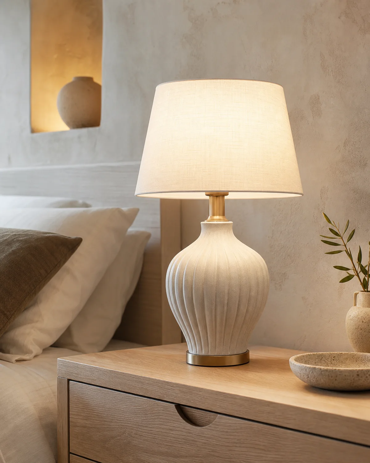 Bespoke bedside table lamp with stone base and linen shade — Mediterranean hotel lookbook