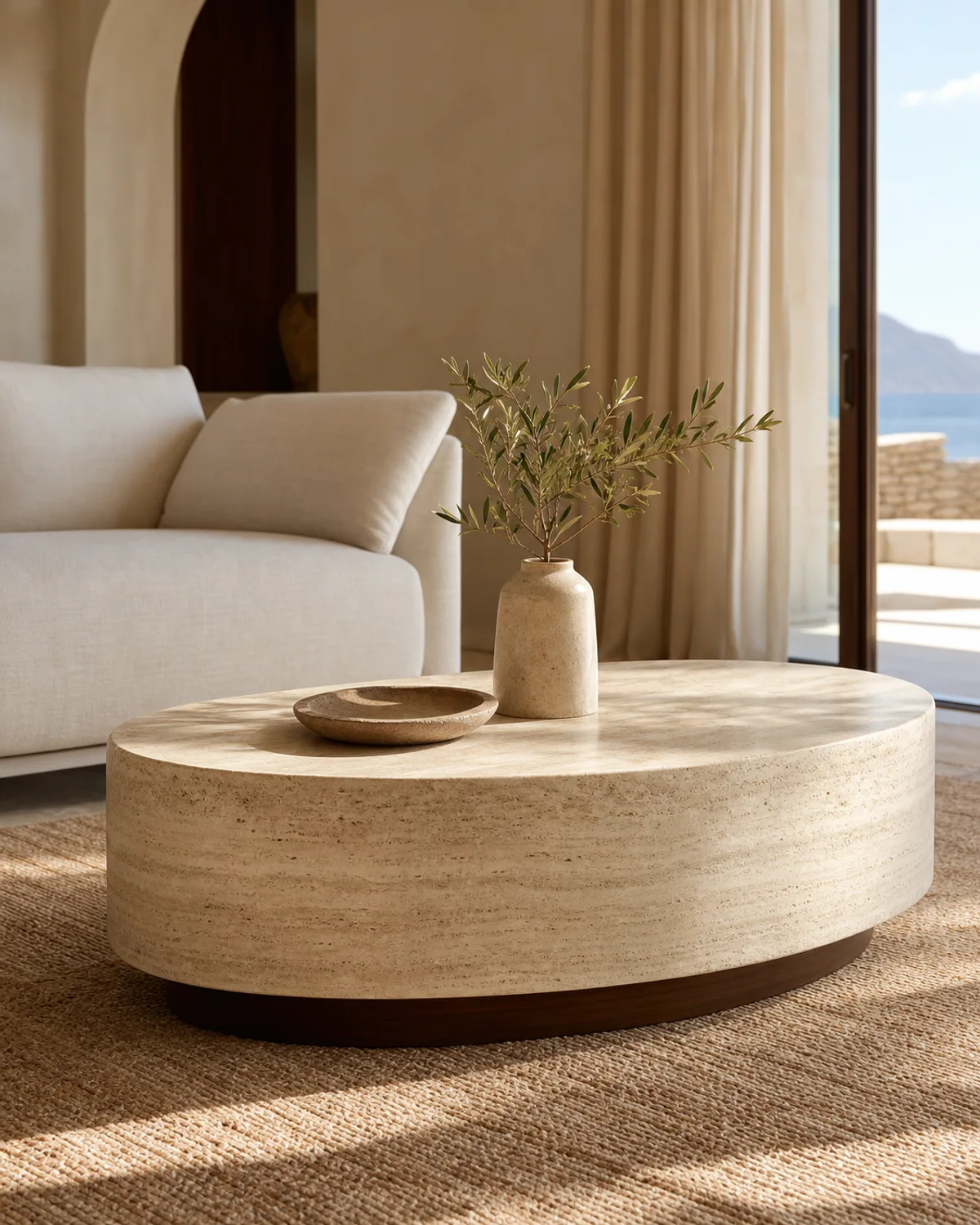 Low travertine coffee table in a refined luxury hotel lobby lounge — Mediterranean hotel lookbook