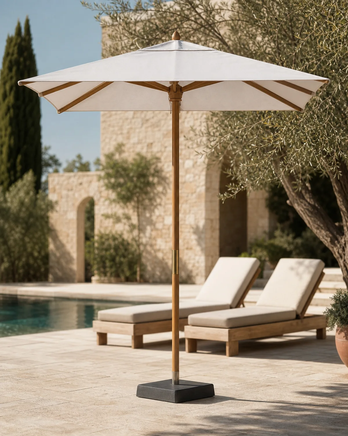 Solid teak hotel pool umbrella with square panna Sunbrella canopy and concrete base — Mediterranean hotel lookbook