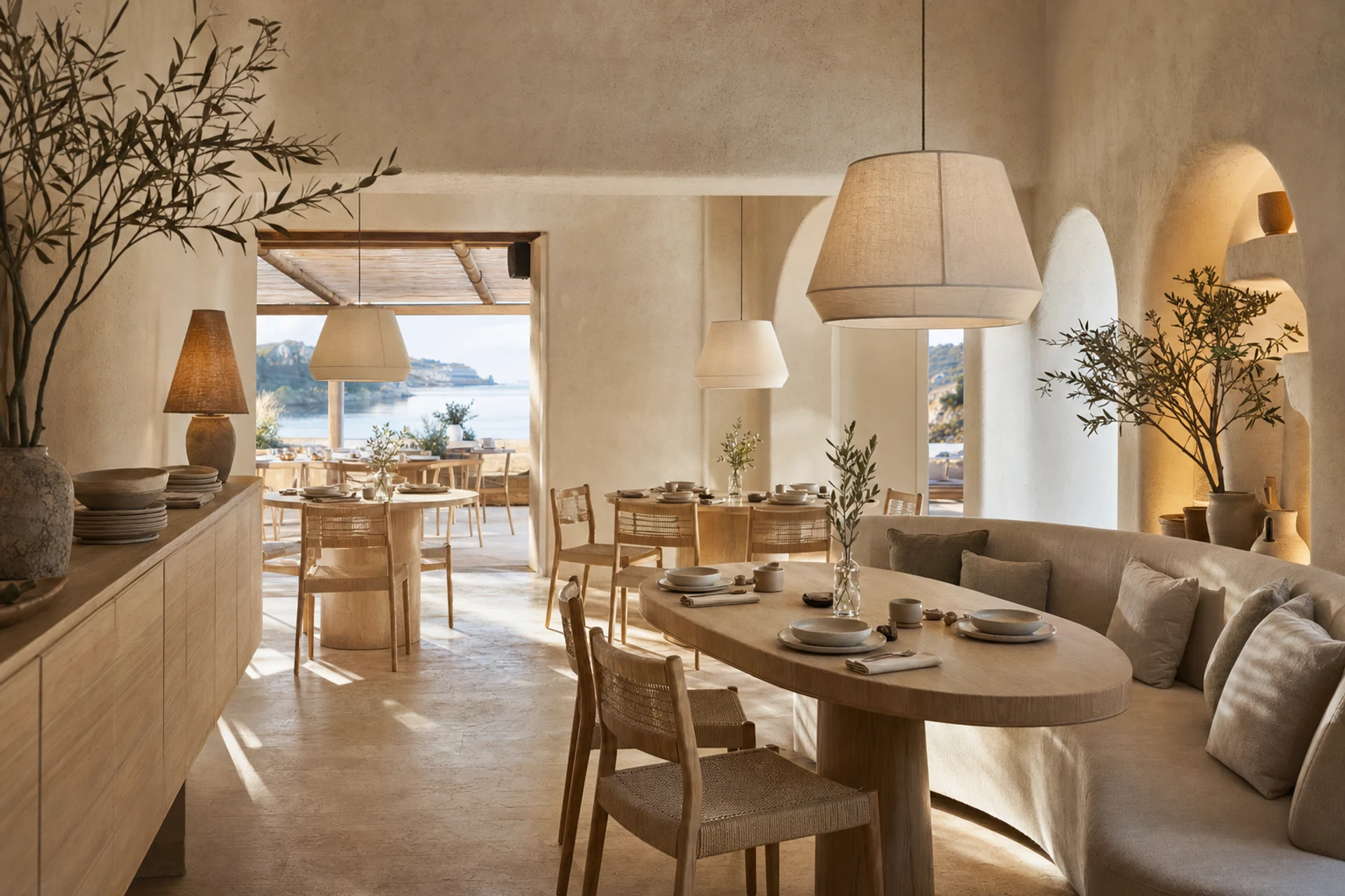 Mediterranean hotel restaurant with pale oak dining tables, woven chairs, curved banquette, linen pendants, and limewash walls