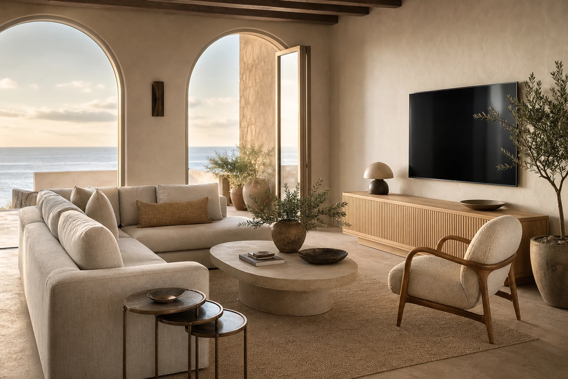 Contemporary Mediterranean hotel suite living room with pale linen seating and limestone coffee table