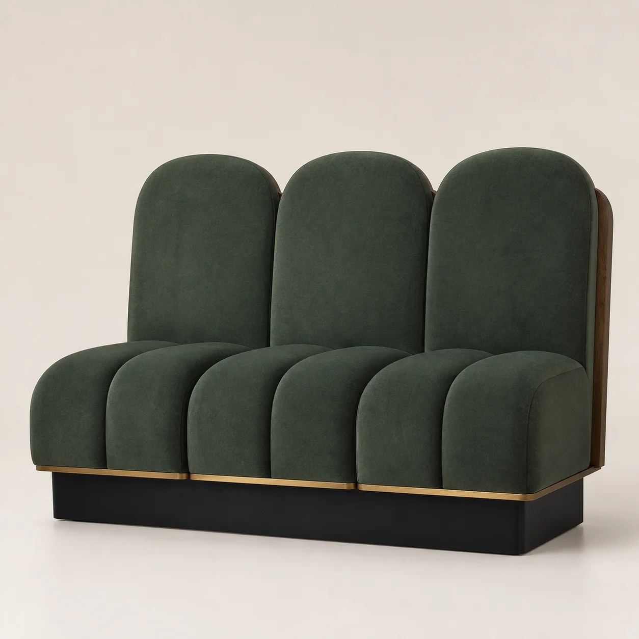 Arcade Banquette studio concept visual in jade velvet, black plinth, brass reveal
