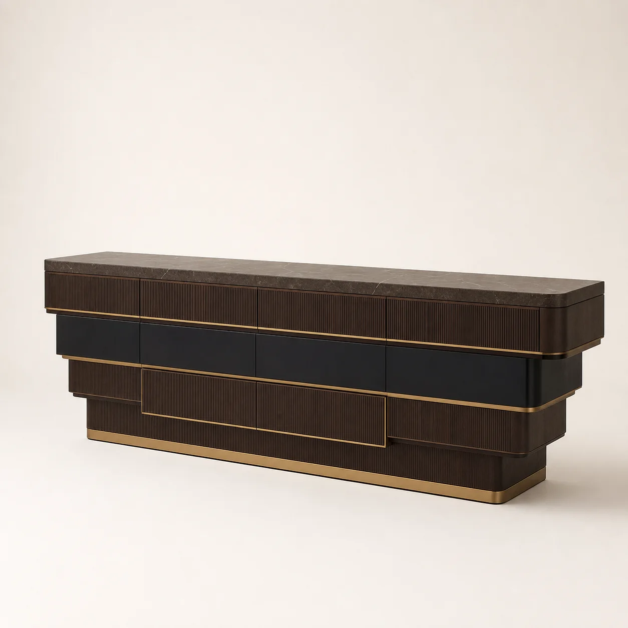 Avenue Stepped Console studio concept visual in dark walnut, black lacquer, satin brass