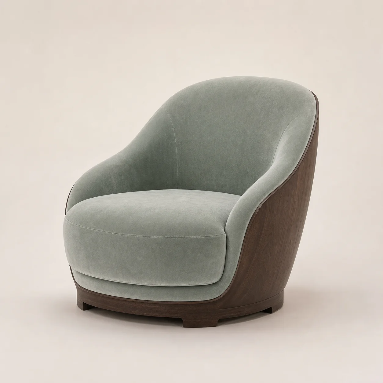 Celadon Lounge Chair studio concept visual in celadon velvet, dark-walnut recessed base