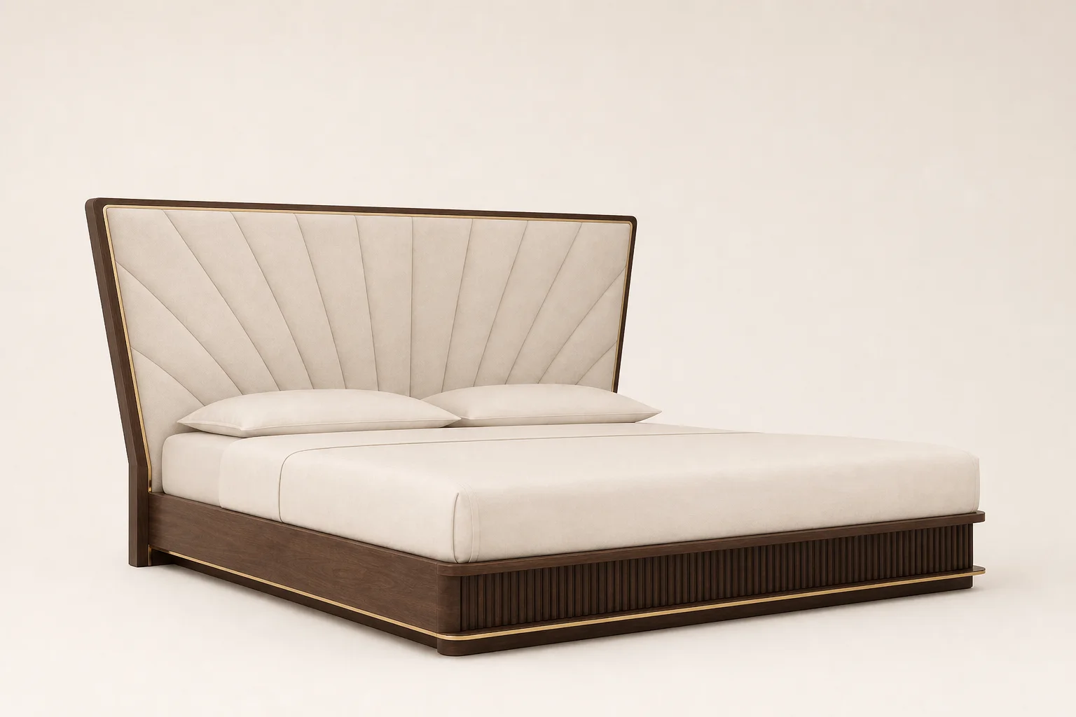 Élan Fan Bed studio concept visual in ivory upholstery, fluted walnut, satin-brass reveal