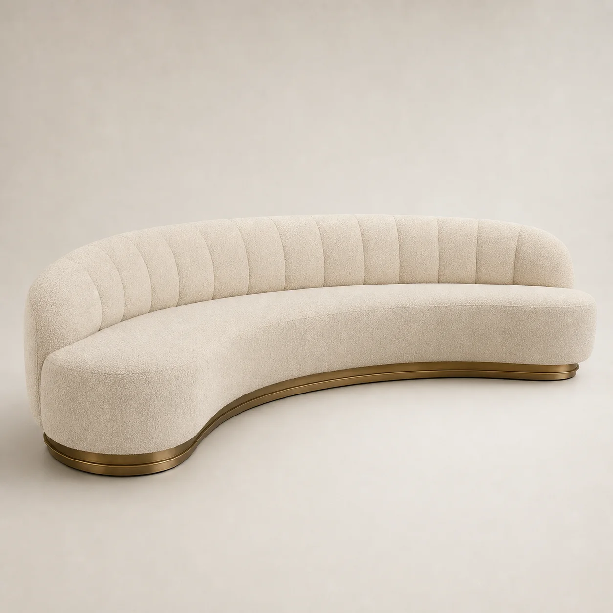 Empire Curved Sofa studio concept visual in ivory bouclé, satin-brass stepped base